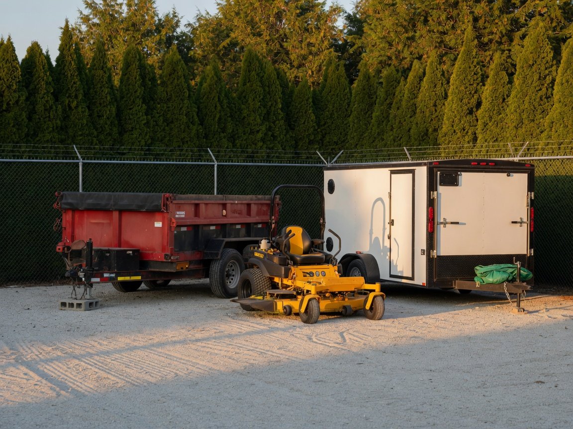 Dump trailer, zero-turn mower, and enclosed utility trailer