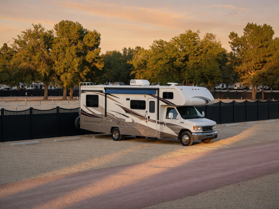 Class C motorhome parked on a gravel storage pad